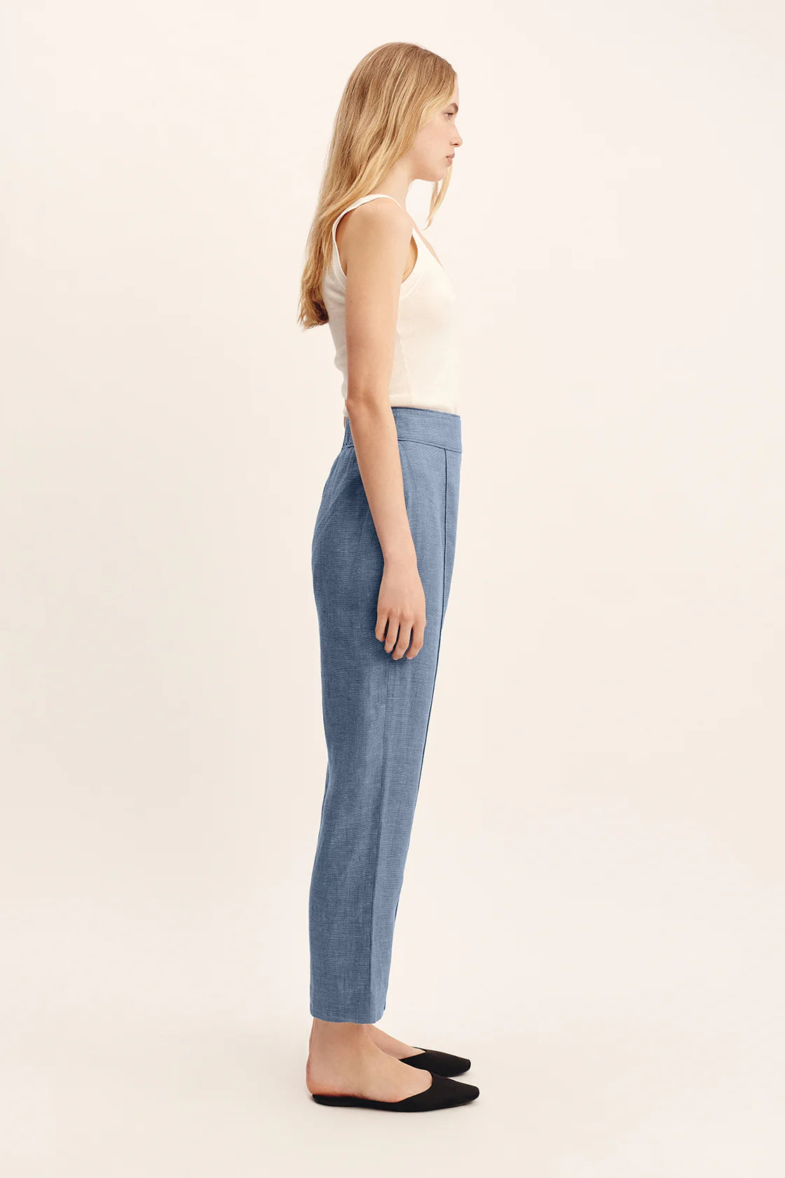 Thea Trousers in Steel Blue paired with a matching Thea Vest, presenting a stylish outfit for casual and formal occasions.