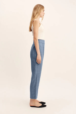 Thea Trousers in Steel Blue paired with a matching Thea Vest, presenting a stylish outfit for casual and formal occasions.