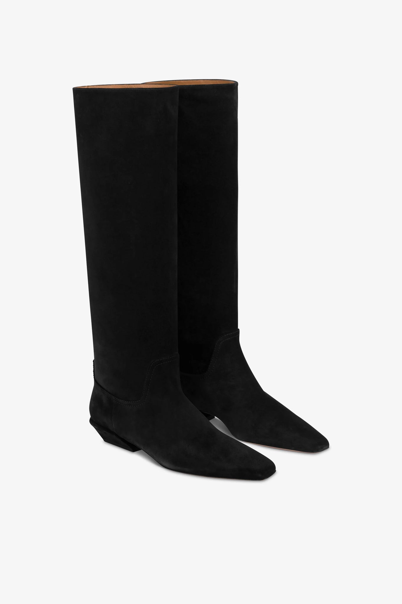Stylish Bettina Boot in Black Suede featuring elegant calf suede leather and sturdy covered heel.