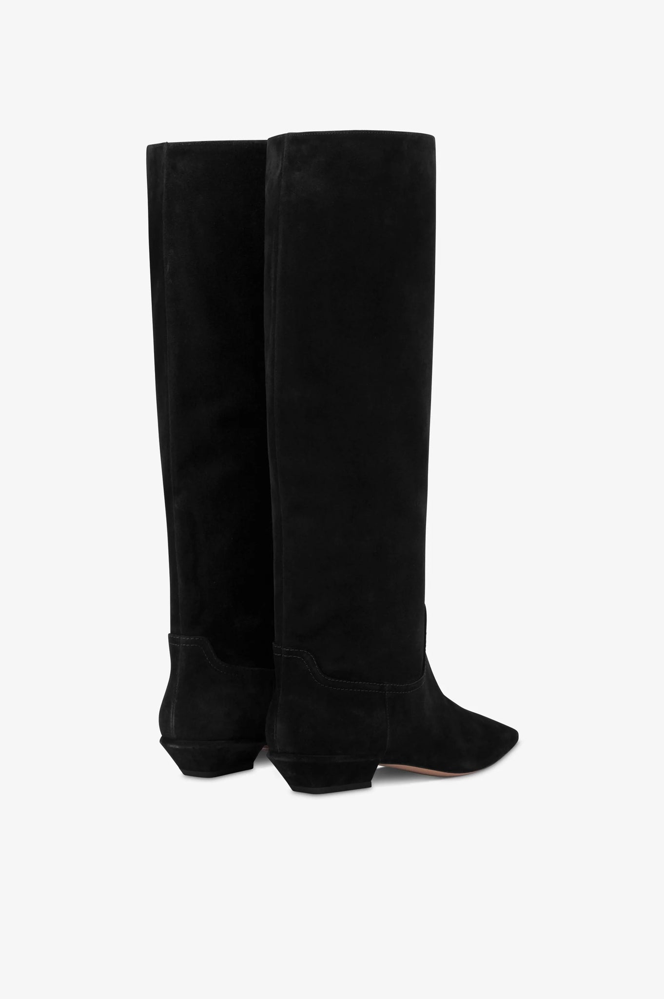 Close-up of the Bettina Boot in Black Suede by Paris Texas, highlighting the smooth texture and fashion-forward square toe.
