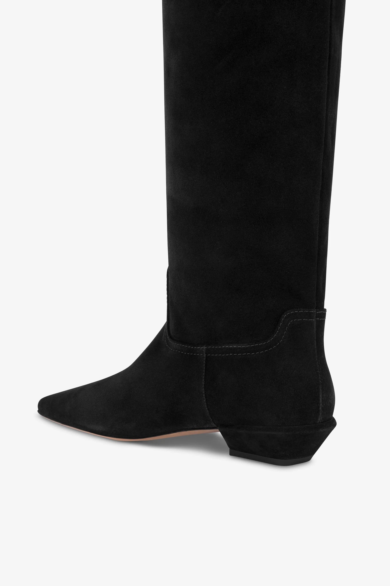 Side view of Bettina Boot in Black Suede, showcasing its sleek silhouette and comfortable heel height.