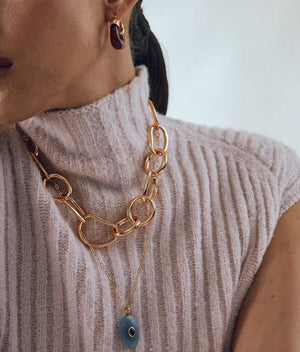 Mini Organic Hoops in Currant - Stylish smaller drop hoop earrings in gold and currant resin, designed by Lizzie Fortunato.