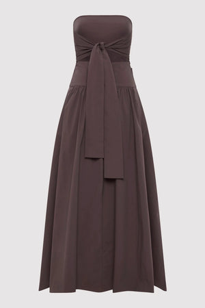 Gathered Strapless Tie Back Dress in Chocolate Plum