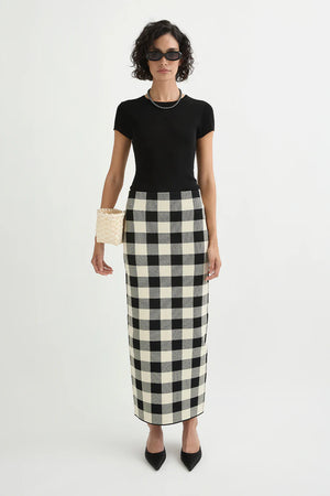Close-up view of the fabric of the Pippa Skirt in Heritage Plaid, highlighting the soft knit and classic plaid design.