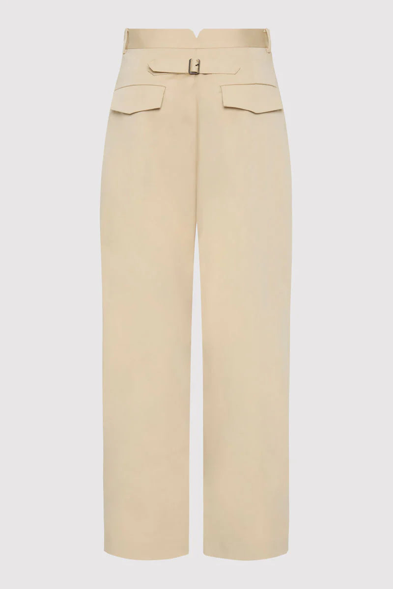 Cotton Barrel Leg Pants in Champagne displayed on a hanger, emphasizing their modern design and high-quality sustainable fabric.