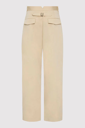 Cotton Barrel Leg Pants in Champagne displayed on a hanger, emphasizing their modern design and high-quality sustainable fabric.