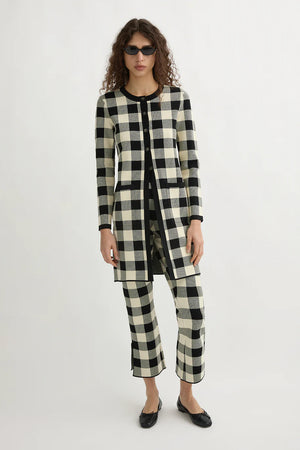 Close-up of Pippa Cardigan in Heritage Plaid with visible patch pockets and exclusive pattern by Posse.