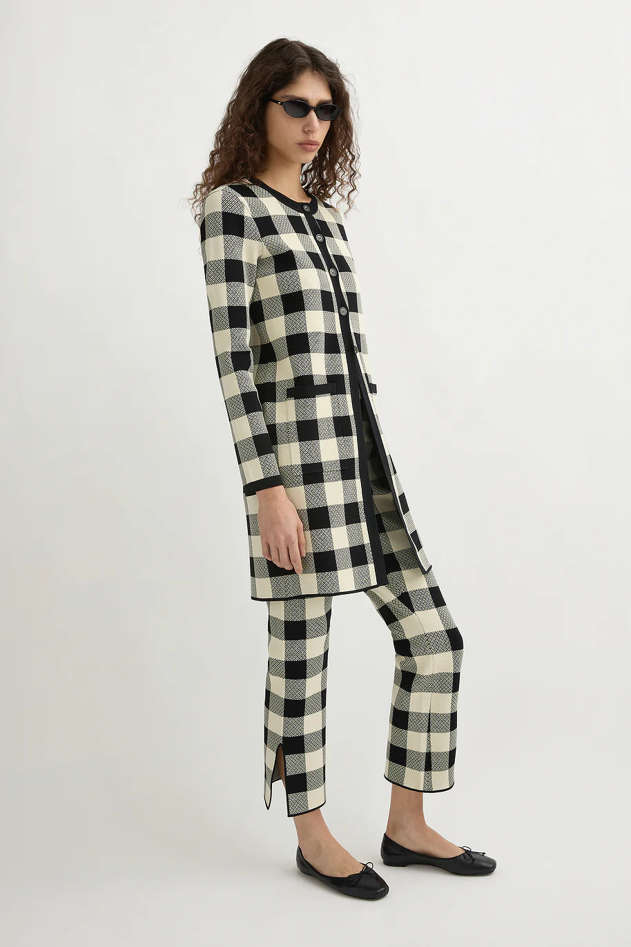 Model wearing Pippa Cardigan in Heritage Plaid, styled with Pippa Pants and Finley Tank by Posse.