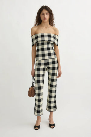 Close-up view of the Pippa Strapless Top in Heritage Plaid, showcasing its short sleeves and comfortable fit.