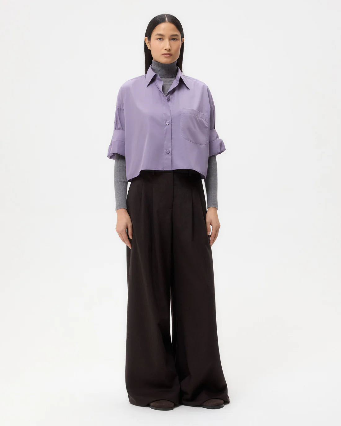 TWP Next Ex in Black Plum button down shirt with spread collar and double roll button cuffs.