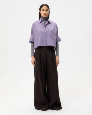 TWP Next Ex in Black Plum button down shirt with spread collar and double roll button cuffs.