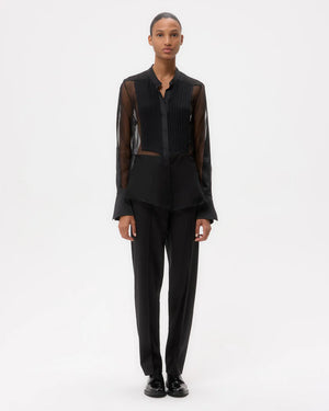 Close-up of the Peyton Top in Black, highlighting the textured silk organza and elegant double-layered French cuffs.