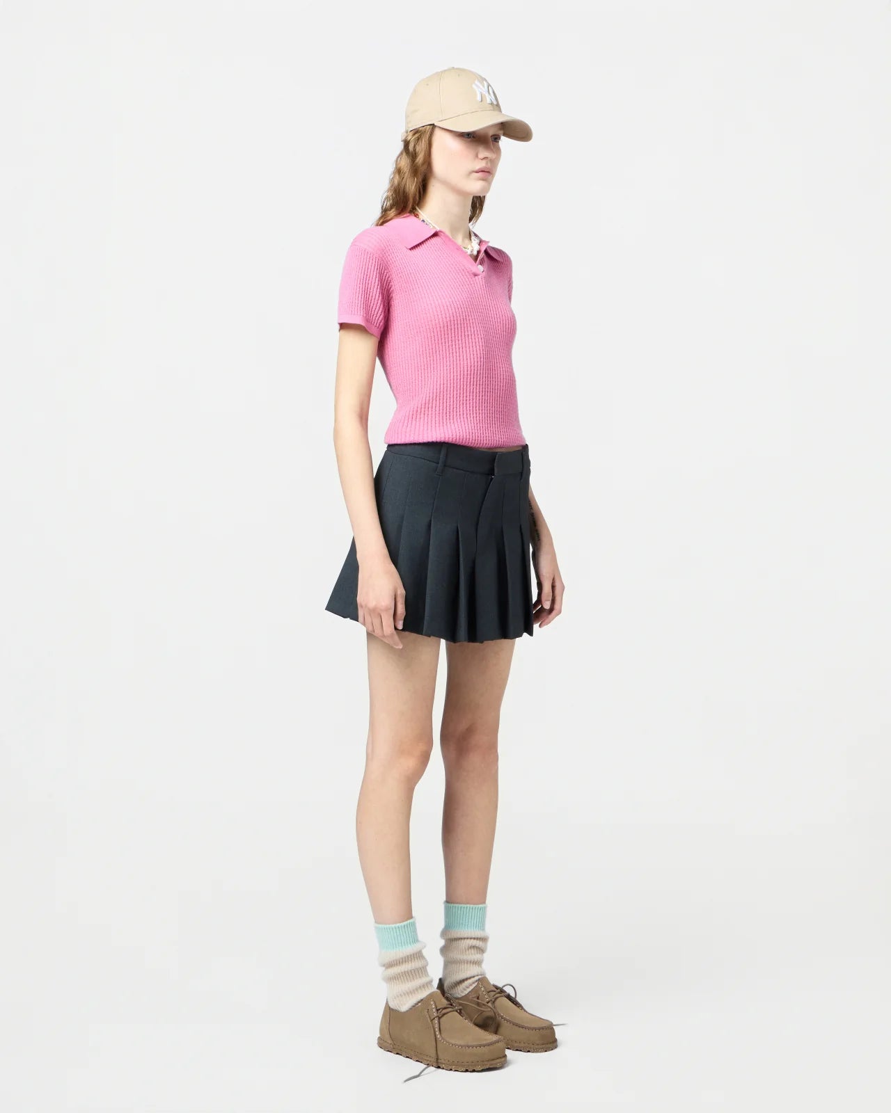 Full view of Shrunken Polo in Rose highlighting the elegant cashmere fabric and stylish design.