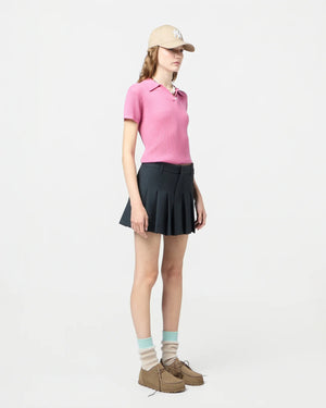Full view of Shrunken Polo in Rose highlighting the elegant cashmere fabric and stylish design.