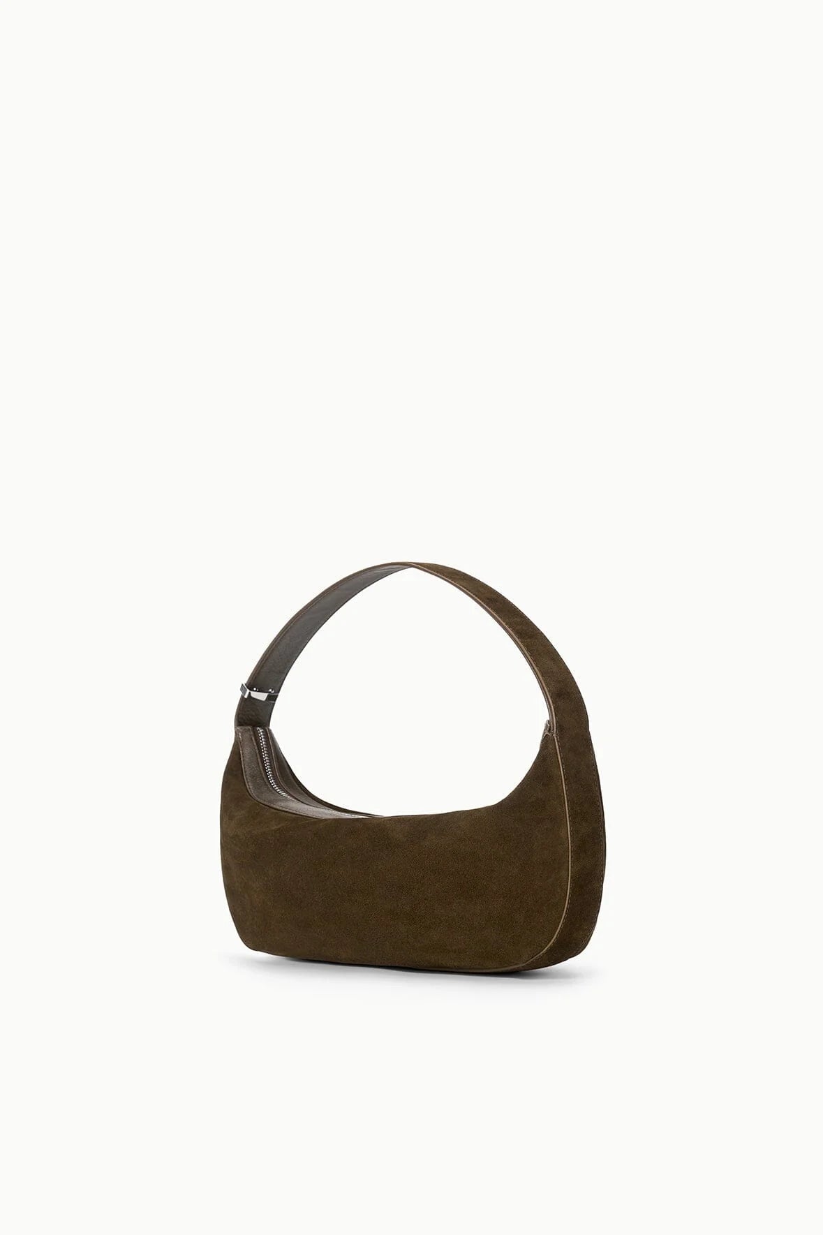 Demy Shoulder Bag in Truffle laying flat, highlighting its luxurious suede fabric and designer details.