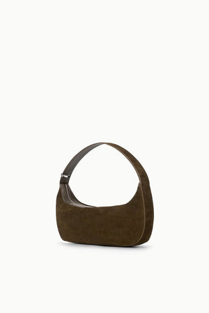 Demy Shoulder Bag in Truffle laying flat, highlighting its luxurious suede fabric and designer details.