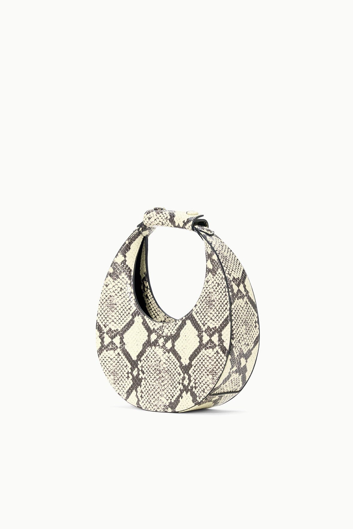Close-up view of the Goodnight Moon Bag in White Snake, highlighting the luxurious 100% cow leather texture.