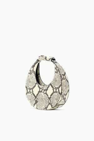 Close-up view of the Goodnight Moon Bag in White Snake, highlighting the luxurious 100% cow leather texture.