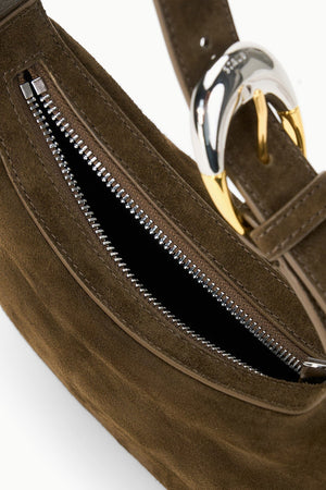 Owen Bag in Truffle displayed with open top-zip, revealing spacious interior.