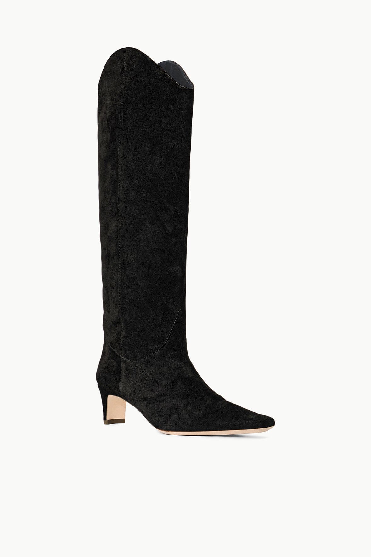 Side view of Staud Western Wally Boot in Black Suede highlighting the 55mm heel.