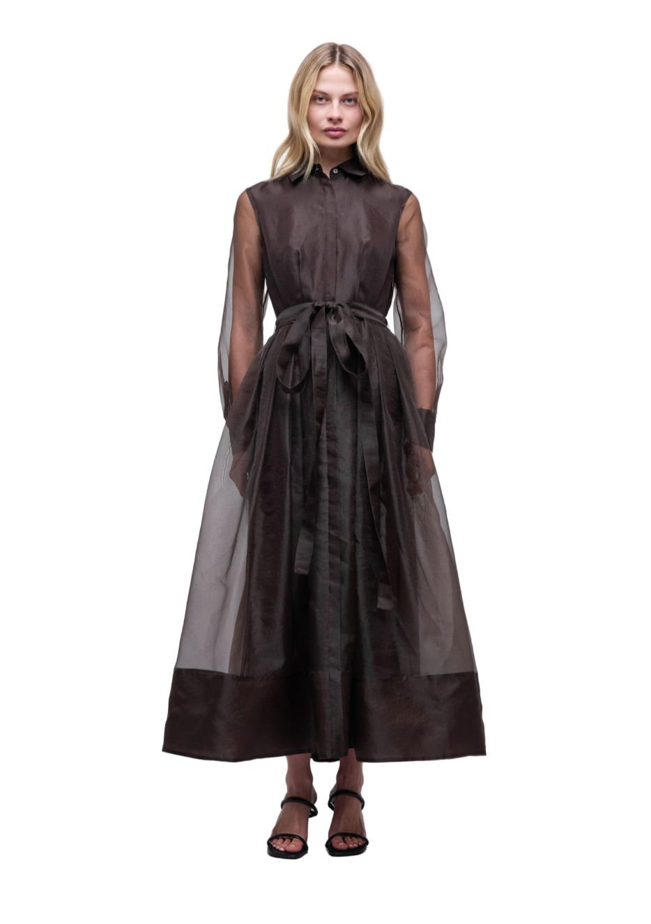Close-up of the Montgomery Dress in Chocolate fabric details, highlighting its full midi-length silhouette.