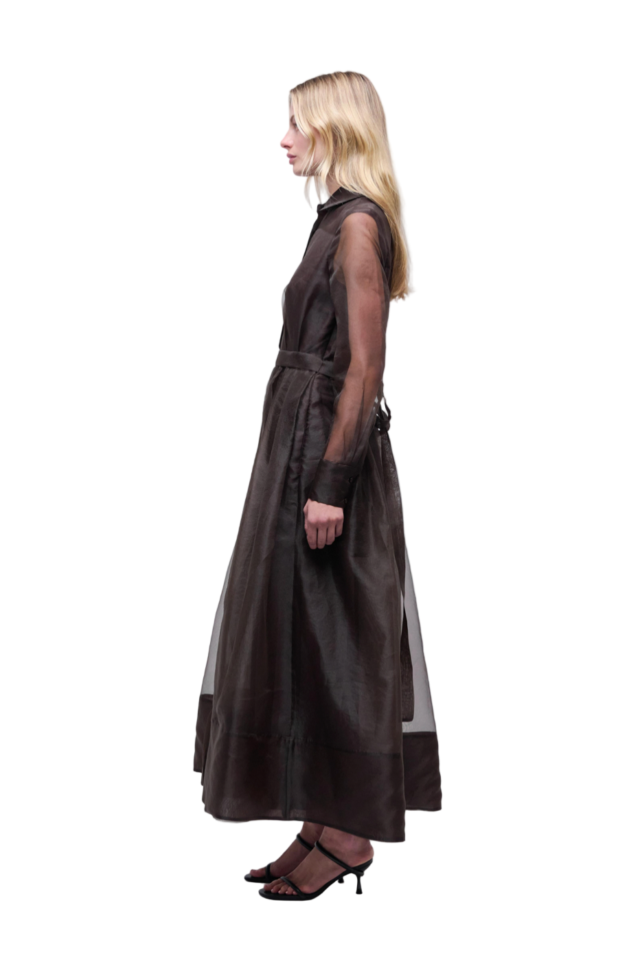 Model wearing Montgomery Dress in Chocolate by Simkhai, displaying the structured yet flowing appearance.