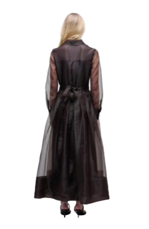 Back view of the Montgomery Dress in Chocolate, emphasizing its elegant design and sofa length.