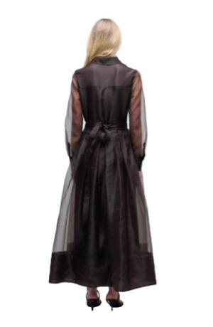 Back view of the Montgomery Dress in Chocolate, emphasizing its elegant design and sofa length.