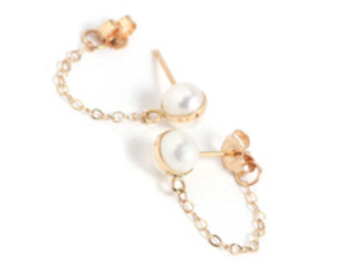 14K Yellow Gold Bezel Wrap Pearl Post with Chain Earrings