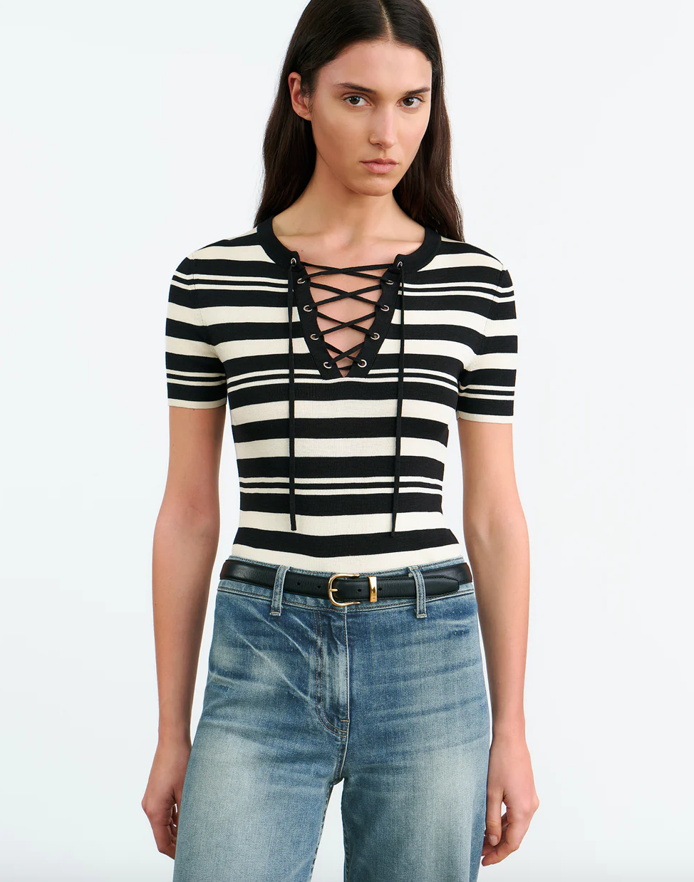 Oaklynn Silk Knit Sweater in Black/Ivory Stripe