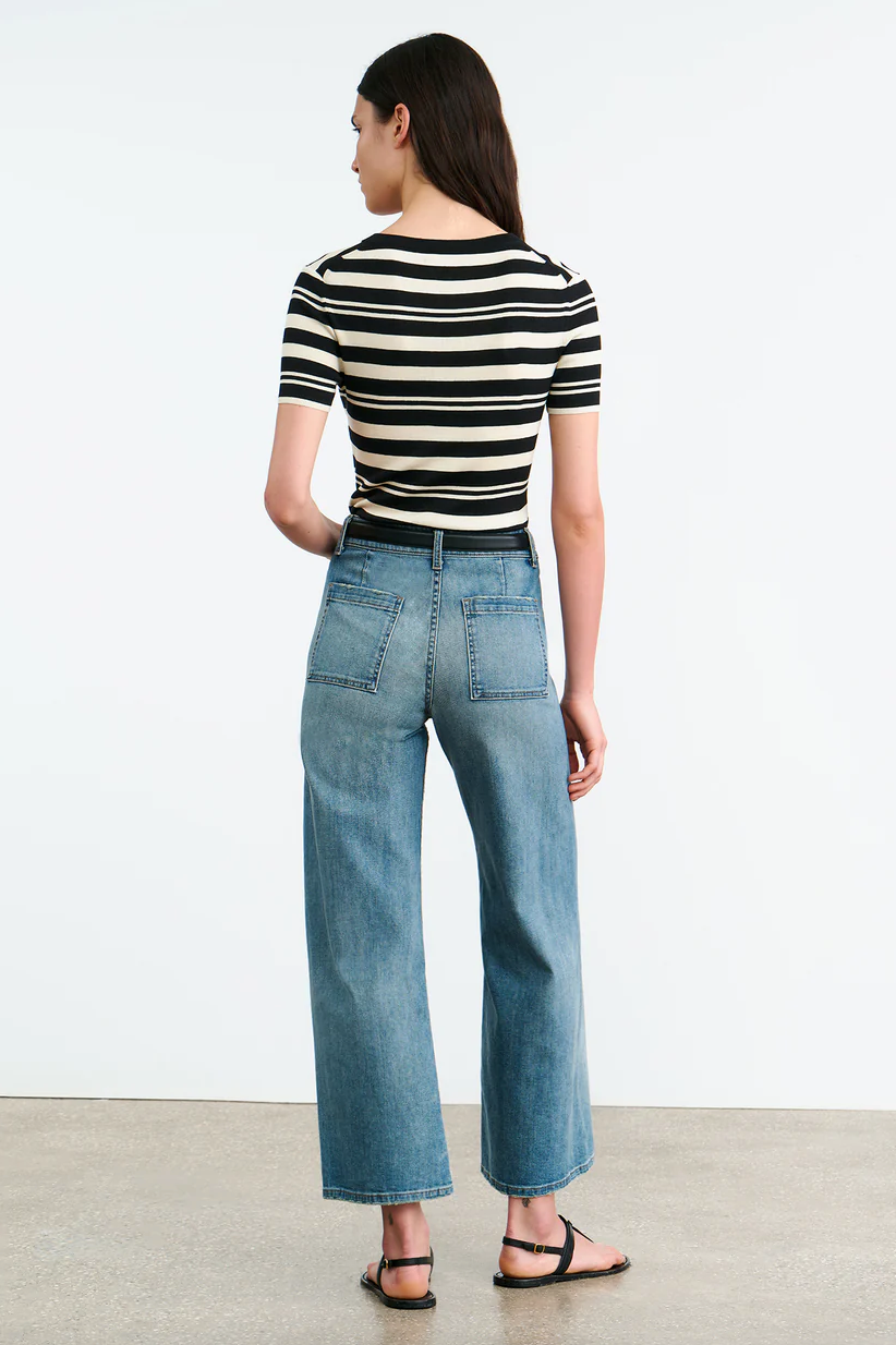 Oaklynn Silk Knit Sweater in Black/Ivory Stripe