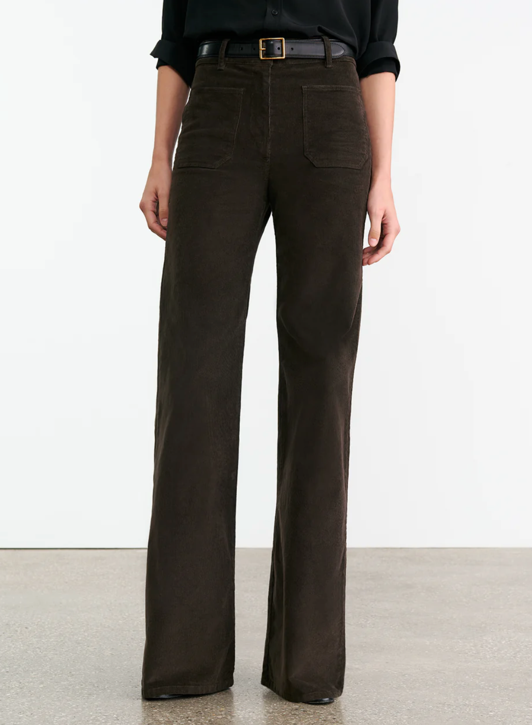 Model wearing Florence Corduroy Pant in Chocolate Brown, styled for a casual look.