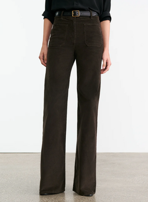 Model wearing Florence Corduroy Pant in Chocolate Brown, styled for a casual look.