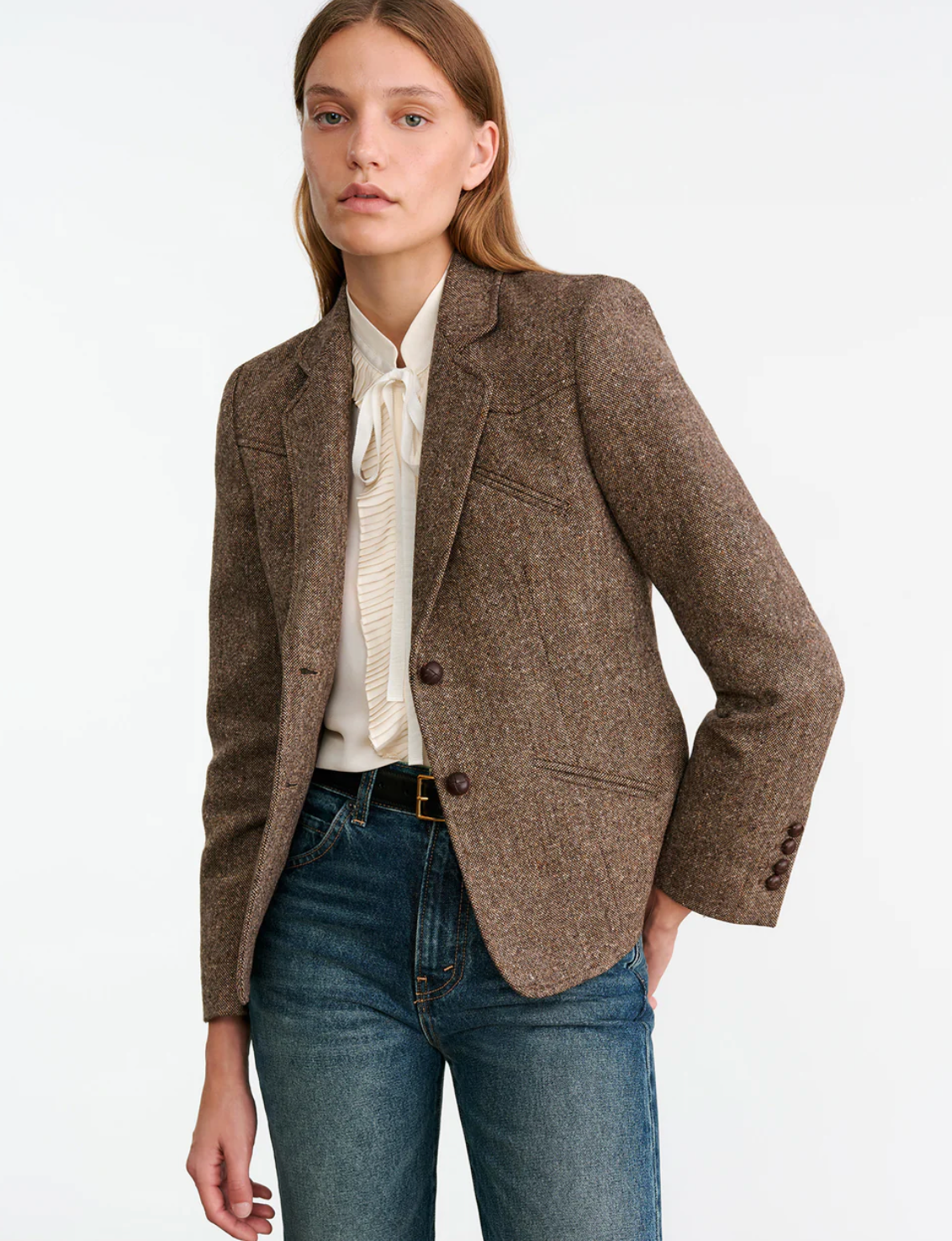 Lyon Jacket in Brown Donegal worn by a model, styled for a chic look.