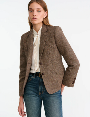 Lyon Jacket in Brown Donegal worn by a model, styled for a chic look.