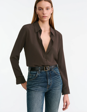 Back view of the Simone Silk Shirt in Chocolate Brown by Nili Lotan, featuring back darts for a flattering shape.