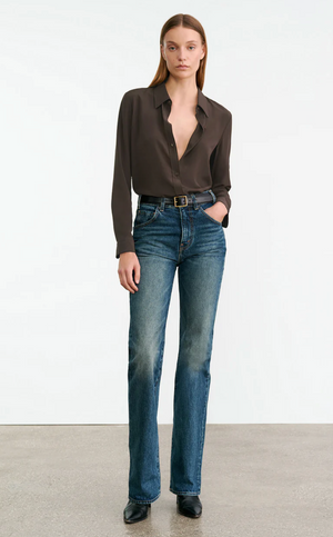 Close-up of the Simone Silk Shirt in Chocolate Brown by Nili Lotan, highlighting the soft silk texture and button closures.