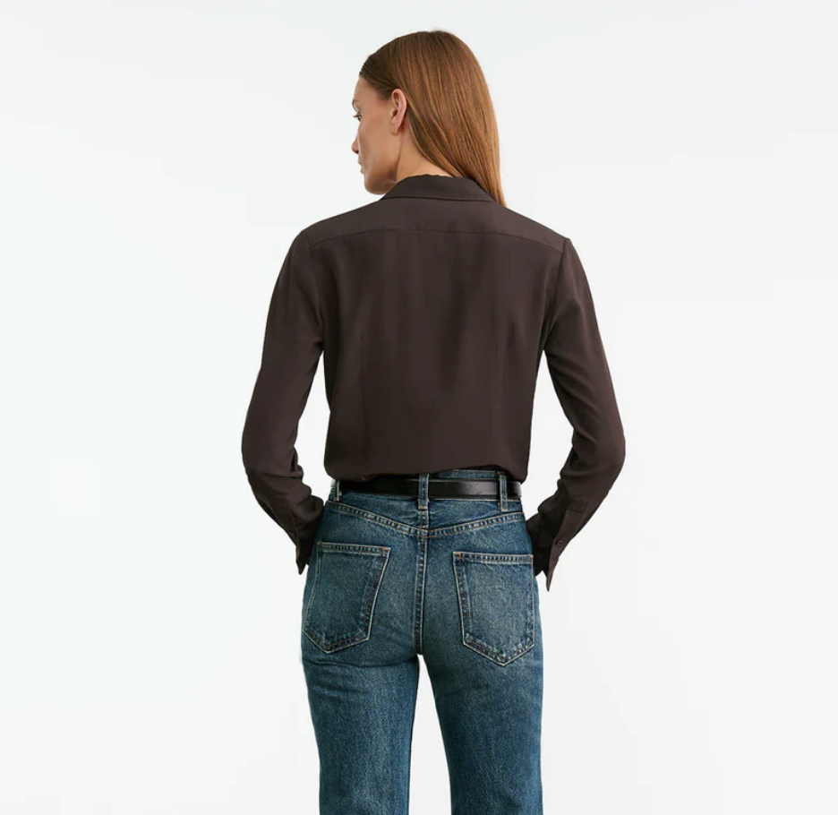 Model wearing the Simone Silk Shirt in Chocolate Brown by Nili Lotan, styled casually for an everyday look.