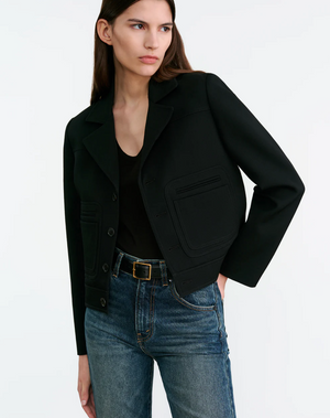 Close-up of the patch pocket and besom pocket on the Nili Lotan Georgy Jacket in Black.