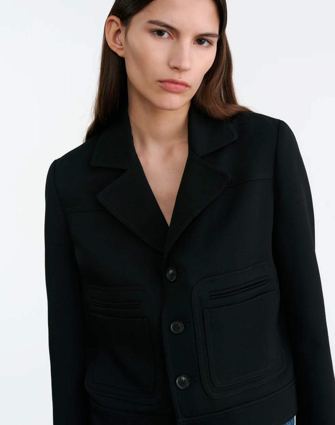 Stylish Nili Lotan Georgy Jacket in Black displayed on a model, emphasizing its casual yet chic design.