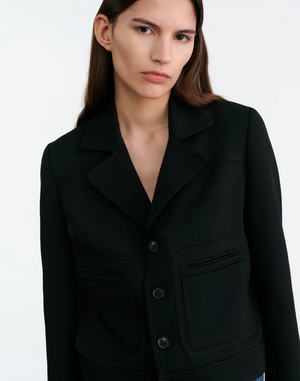 Stylish Nili Lotan Georgy Jacket in Black displayed on a model, emphasizing its casual yet chic design.