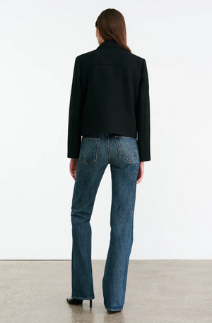 Back view of the Georgy Jacket in Black by Nili Lotan with visible double needle stitch and hem back detail.