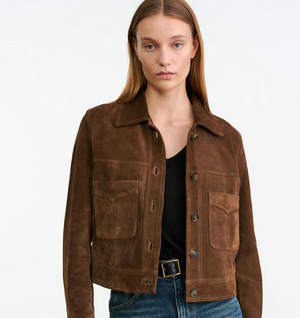 Side profile of the Susannah Suede Jacket in Hazelnut, highlighting the clean sleeve design and seam accents.