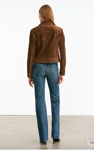 Lifestyle image of the Susannah Suede Jacket in Hazelnut worn casually, illustrating its versatility and chic style.