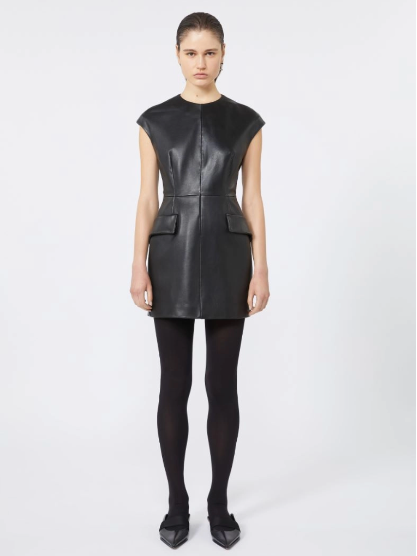 Elegant black Tefrite Leather Dress designed by Sportmax, made from soft nappa lamb leather.