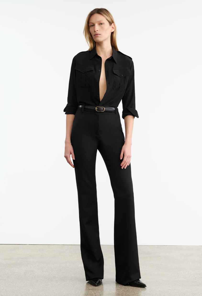 Close-up of the fabric texture of Corette Pant in Black, made from 100% virgin wool by Nili Lotan.