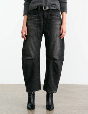 Front view of Nili Lotan Shon Jean in Stone Black Wash featuring the zip fly and shank closure.