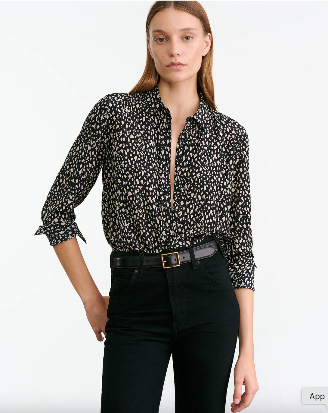Back view of Gaia Slim Shirt in Black/Stone Cheetah Print, featuring the slim fit and classic placket details.