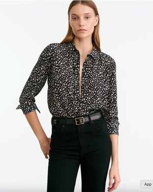 Back view of Gaia Slim Shirt in Black/Stone Cheetah Print, featuring the slim fit and classic placket details.
