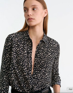 Gaia Slim Shirt in Black/Stone Cheetah Print displayed flat, emphasizing the stylish collar and button-up design.